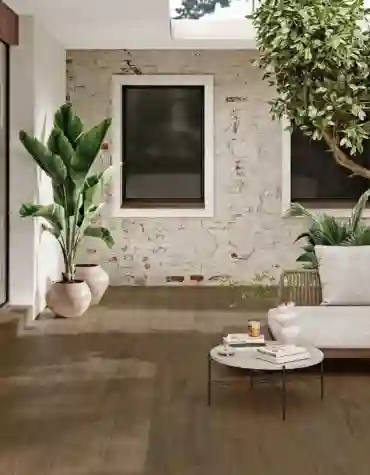 Pavimento cerâmico Islândia efeito madeira em sala de estar