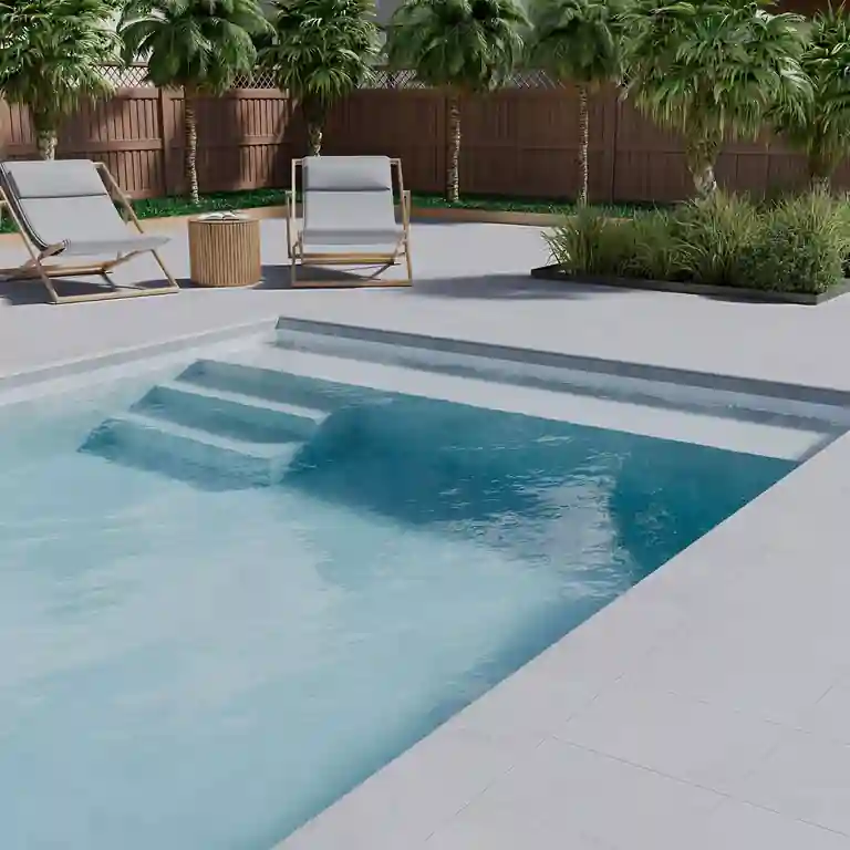 Degrau cerâmico Aín 33x120 com acabamento boleado aplicado em escada exterior com visual neutro e elegante