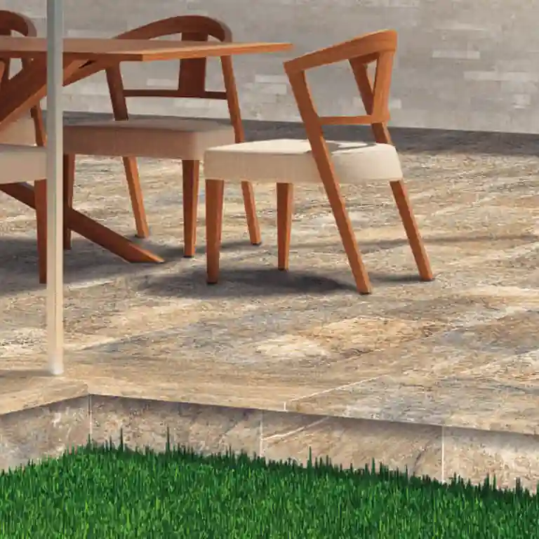 Degrau Cerâmico Bahamas 33x120 1 Degrau cerâmico Bahamas 33x120 com acabamento boleado aplicado em escadas de terraço com pavimento natural