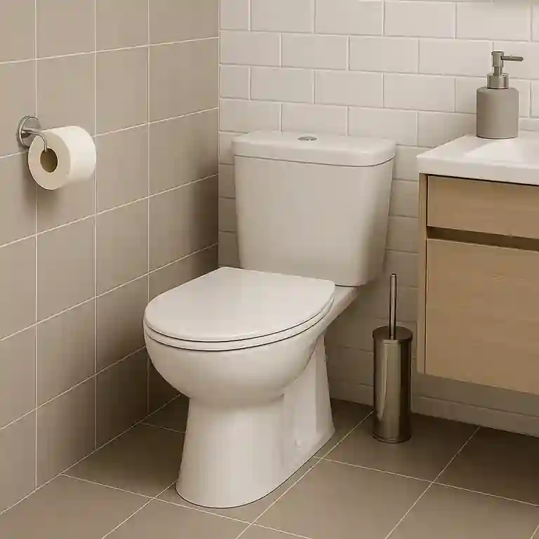 Sanita Simples Farotech eco 1 Sanita simples Farotech Eco instalada em casa de banho pequena com azulejos bege e móveis de madeira clara.