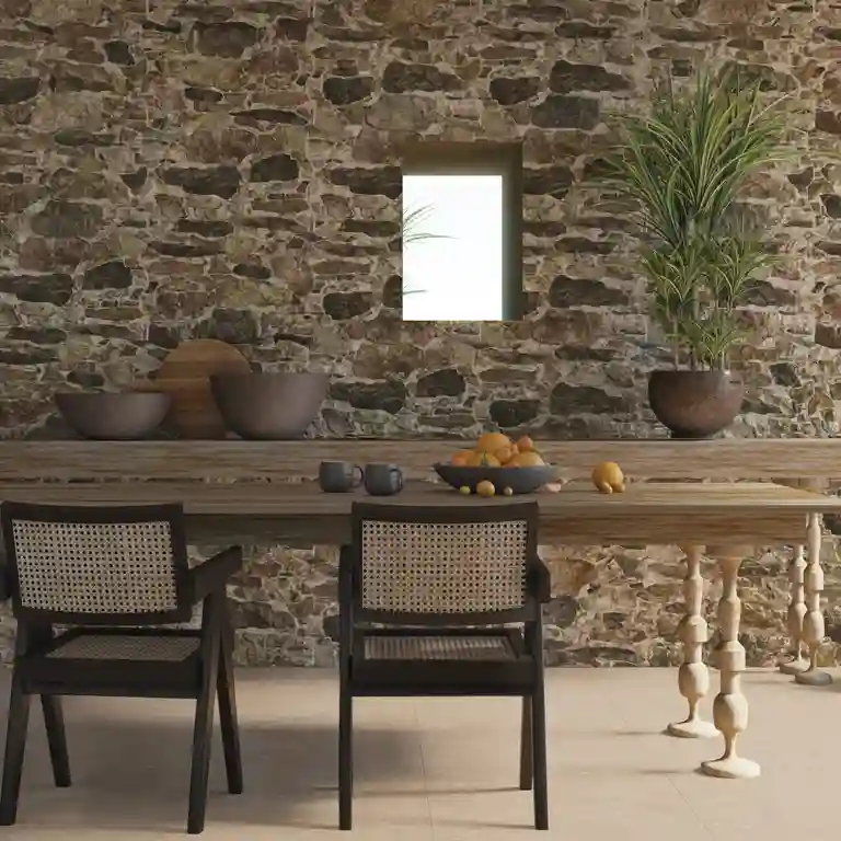 Revestimento pedra rustica Muralla 40x60 1 Parede com revestimento pedra rústica Muralla em estilo pedra rústica, junto a escadas suspensas em ambiente moderno.