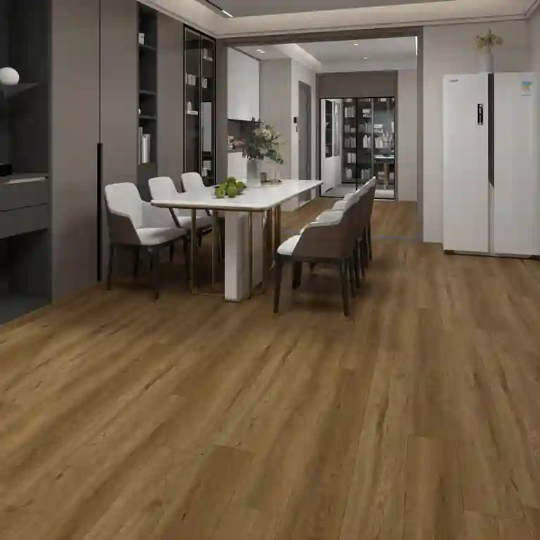 Pavimento Vinílico Tradicional 6.5mm TRV036 1 Pavimento Vinílico Tradicional 6.5mm TRV036 instalado em sala de jantar de design contemporâneo, valorizando móveis de linhas modernas.