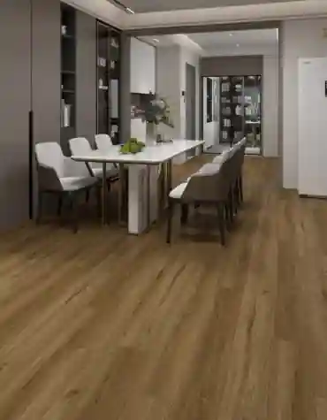 Pavimento Vinílico Tradicional Oak 5.5 TRV010 com textura realista de carvalho, instalado em ambiente claro.