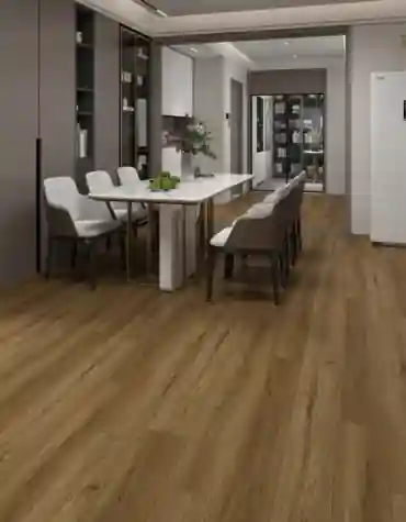 Pavimento Vinílico Tradicional Oak Largo 6.5mm TRV014 em sala de jantar espaçosa com janelas amplas e decoração moderna