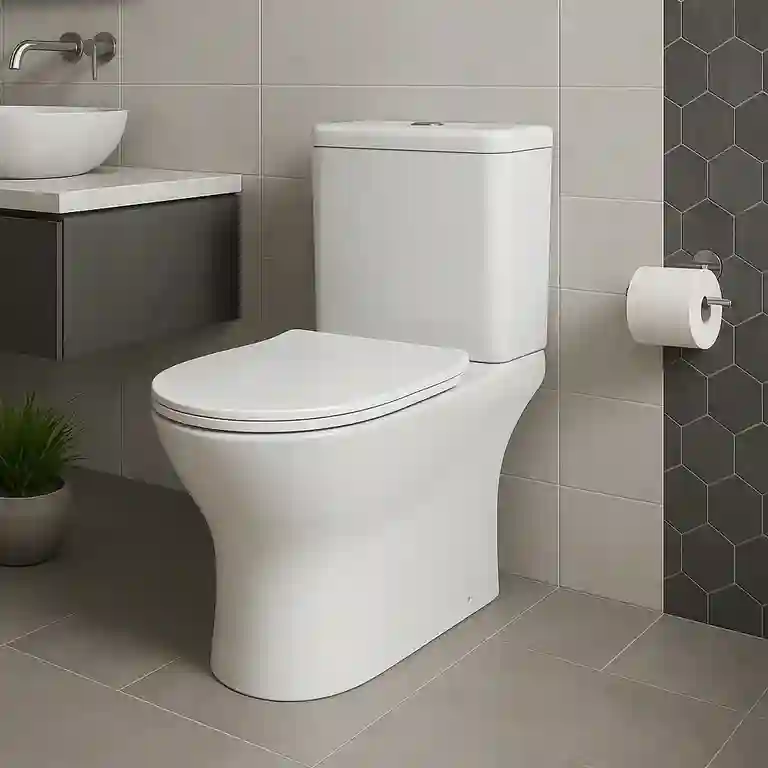 Sanita Redonda Compacta Java 1 Sanita redonda compacta Java instalada em casa de banho moderna com revestimento cinza e armário suspenso.