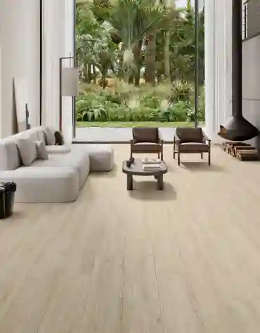 Ambiente elegante com pavimento cerâmico Quebec Structech 30x150, textura madeira realista em tons claros, ideal para interiores modernos e escandinavos.
