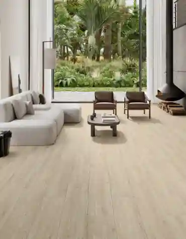 Ambiente elegante com pavimento cerâmico Quebec Structech 30x150, textura madeira realista em tons claros, ideal para interiores modernos e escandinavos.