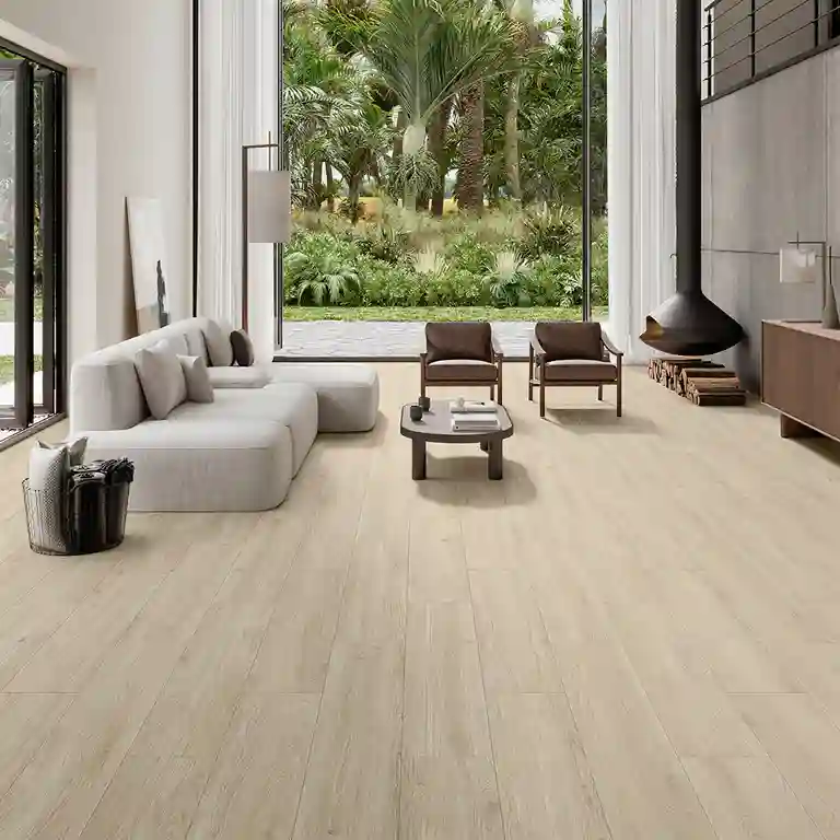 Pavimento cerâmico Quebec Structech 30x150 1 Ambiente elegante com pavimento cerâmico Quebec Structech 30x150, textura madeira realista em tons claros, ideal para interiores modernos e escandinavos.