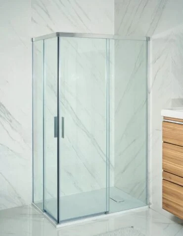 Cabine de canto de duche Adelaide com vidro temperado e perfis inox escovado, portas de correr em ângulo