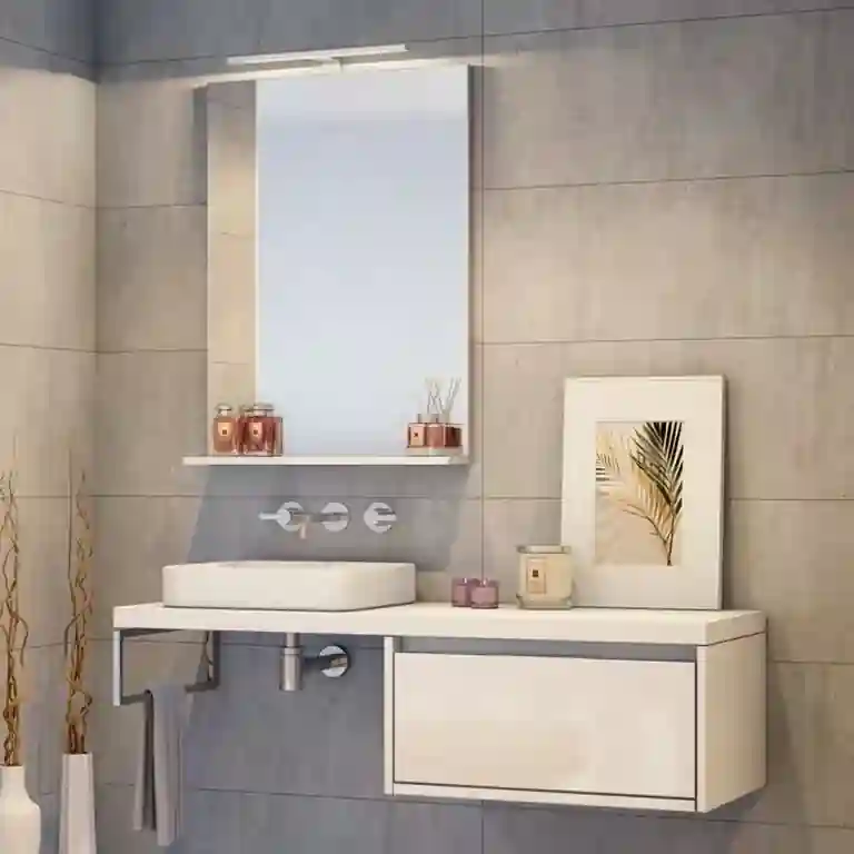 Móvel para lavatorio com tampo Sleep #3 1 Móvel para lavatório com tampo Sleep suspenso na parede, com cuba de apoio retangular, corpo em melamina branca e friso colorido opcional.