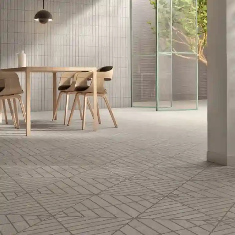 Sala de jantar minimalista com pavimento cerâmico desenho Newry 40x60 em tom claro