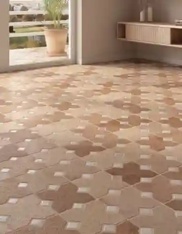 Sala ampla com pavimento cerâmico rústico Ruanes 40x60 e decoração acolhedora