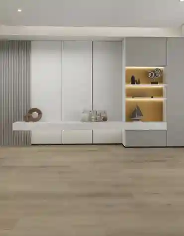 Sala moderna com Pavimento Vinílico Click Alpine 6.5mm TRV033 refletindo luz suave num tom de carvalho esbranquiçado e decoração minimalista.