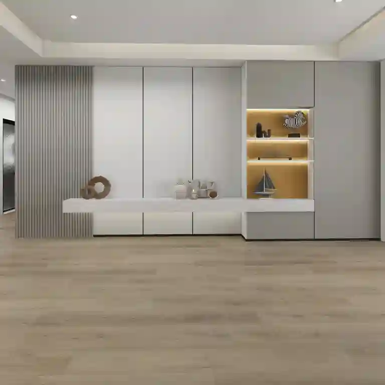 Pavimento Vinílico Click Alpine 6.5mm TRV033 1 Sala moderna com Pavimento Vinílico Click Alpine 6.5mm TRV033 refletindo luz suave num tom de carvalho esbranquiçado e decoração minimalista.