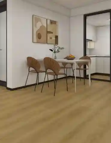 Sala de jantar com Chão SPC Vinílico Light Oak 6.5 mm TRV034, realçando o padrão claro do carvalho e o ambiente minimalista.