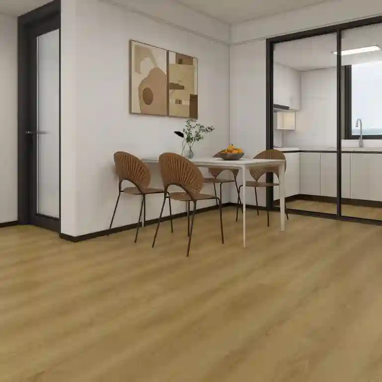 Chão SPC Vinílico Light Oak 6.5mm TRV034 1 Sala de jantar com Chão SPC Vinílico Light Oak 6.5 mm TRV034, realçando o padrão claro do carvalho e o ambiente minimalista.