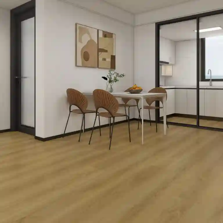 Sala de jantar com Chão SPC Vinílico Light Oak 6.5 mm TRV034, realçando o padrão claro do carvalho e o ambiente minimalista.