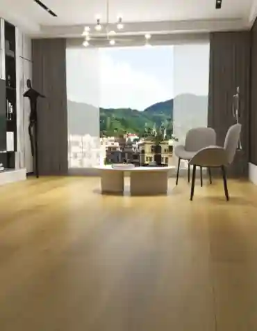 Sala contemporânea com Pavimento Vinílico SPC Prime Oak 8mm, destacando o padrão de carvalho Prime Oak e decoração sofisticada.