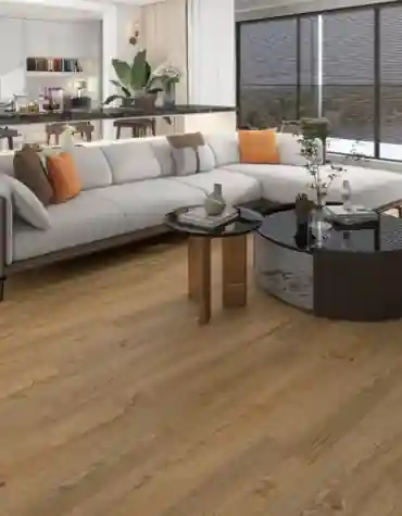 Sala moderna com Pavimento Vinílico SPC Top Wood 6.5mm TRV031 revelando o padrão de carvalho rústico e mobiliário contemporâneo