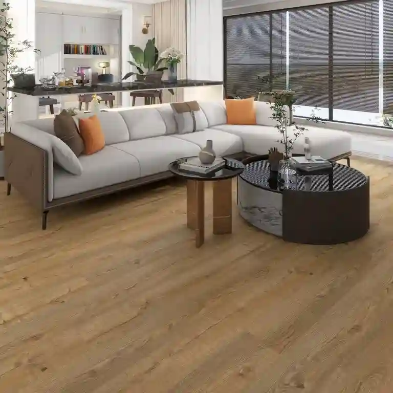 Pavimento Vinílico SPC Top Wood 6.5mm TRV031 1 Sala moderna com Pavimento Vinílico SPC Top Wood 6.5mm TRV031 revelando o padrão de carvalho rústico e mobiliário contemporâneo