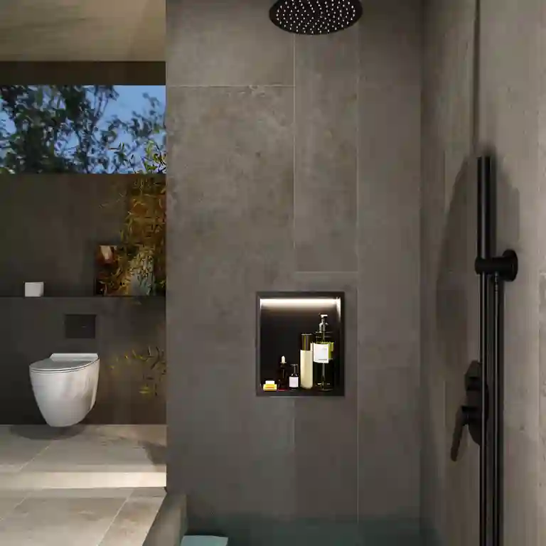 nicho de duche com luz LED Indic 30x30 em aço inox preto embutido em parede de duche moderna