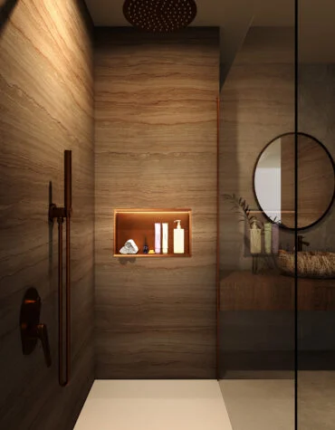 Nicho de duche retangular com LED em aço inox dourado embutido em parede de duche moderna