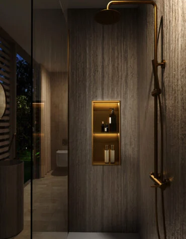 nicho de duche duplo com LED Marshall em aço inox dourado com duas prateleiras e seis acabamentos disponíveis